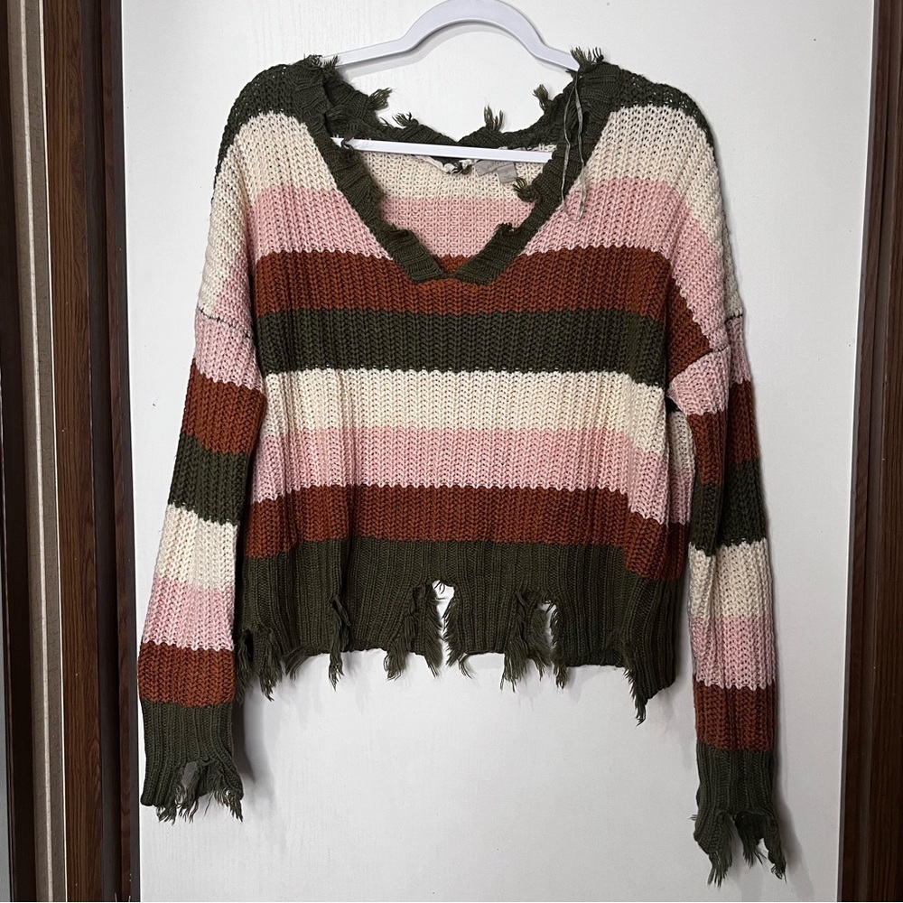 Wonderly Distressed Striped V-Neck Sweater - Olive, Pink, Brown